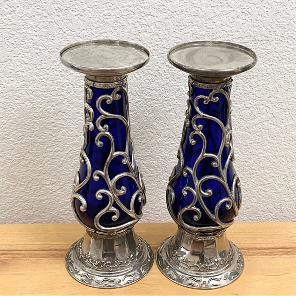 Rare Vintage MCM Mid Century Cobalt Blue Caged Glass Ornate 10” Candle Holder - Picture 4 of 12